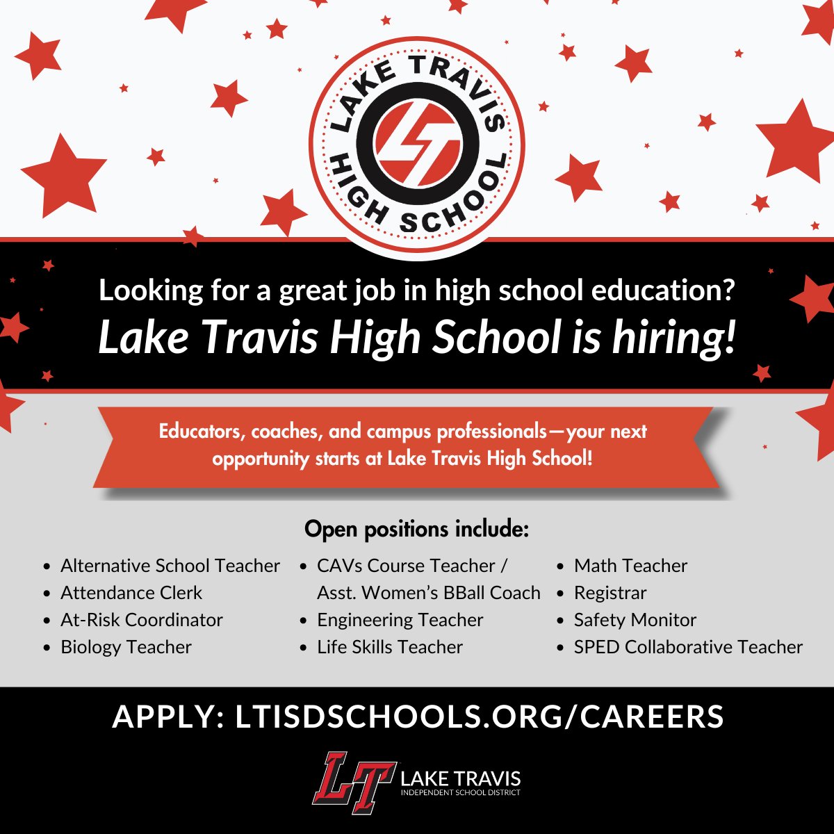 🎓 Ready to make a difference in public education? Lake Travis High School is hiring!

🏫 Join a dedicated team of educators and campus support staff shaping the future of our students. Your next opportunity starts here!

🔗 Apply now: ltisdschools.org/careers
