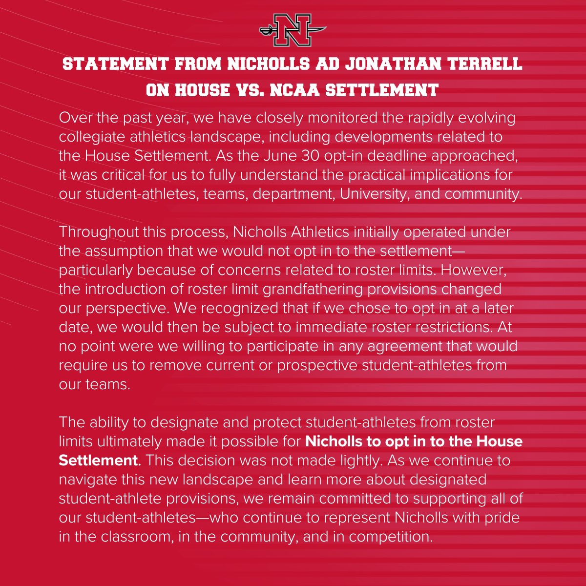 GeauxColonels's tweet image. A statement from Vice President of Collegiate Athletics @JET2Terrell regarding the House Settlement