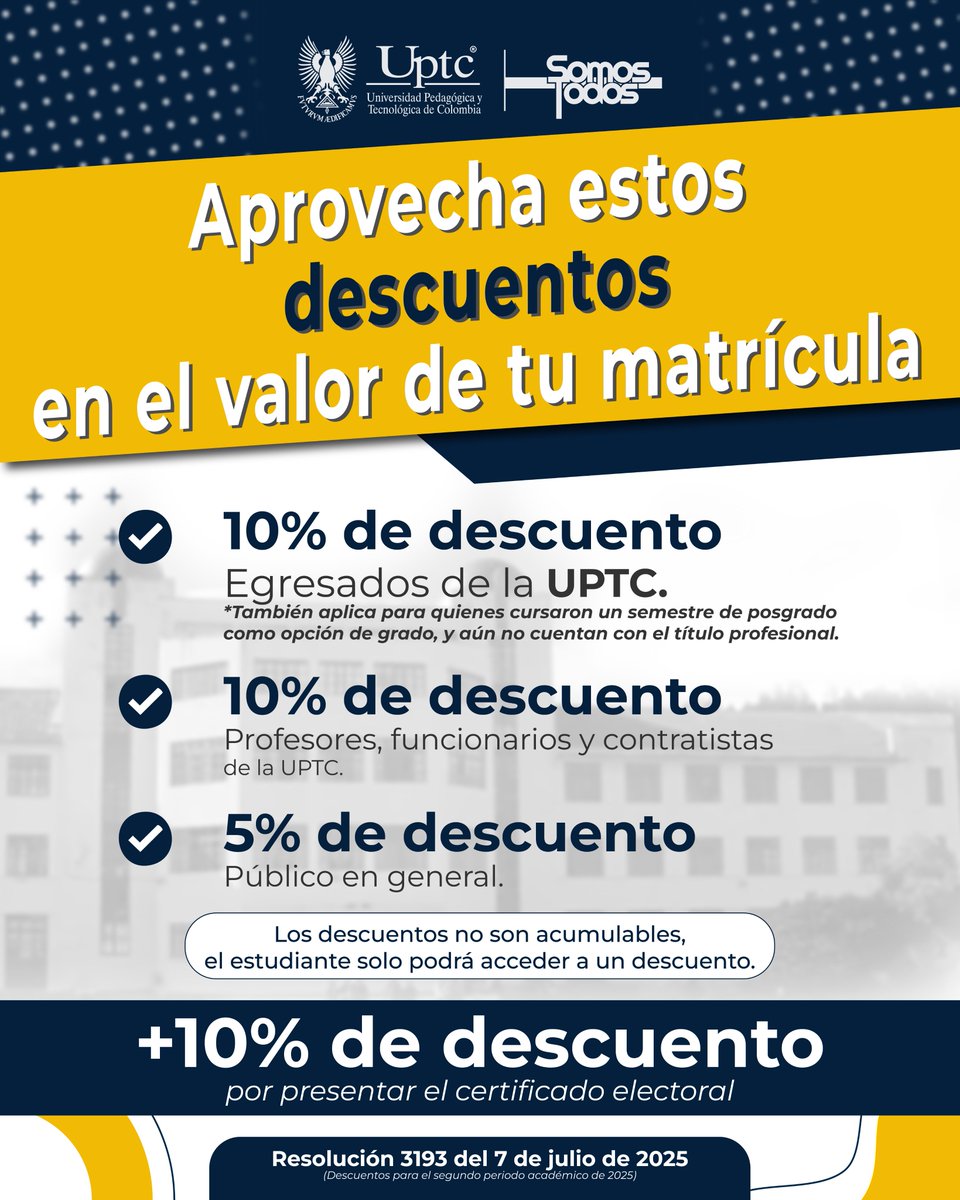UPTCoficial's tweet photo. ⚠️ ¡DESCUENTOS en la #UPTC! 😲
✏️ La #UPTC te ofrece nuevos descuentos para que inicies tu #PosgradoUPTC en el segundo semestre de 2025 🚀🎓
Recuerda que el Artículo 2 de la Resolución 3193 establece algunas excepciones 💪👍
Más información 🖱👇
https://t.co/arAlL5XqT0 https://t.co/6uXm95f134