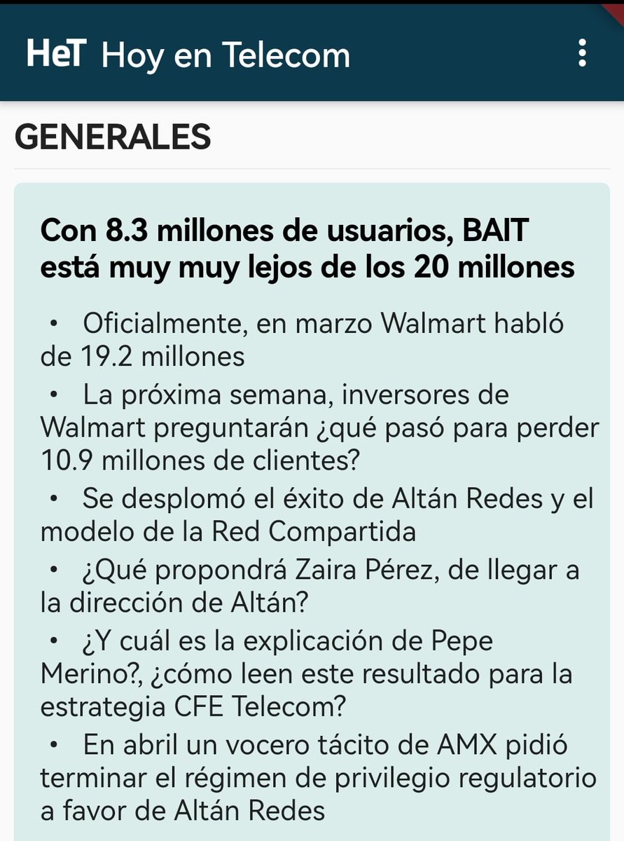 HoyenTelecom's tweet photo. .#PRIMICIA de HOY en TELECOM

Con 8.3 millones de usuarios, BAIT está muy muy lejos de los 20 millones.

En días, ¿qué dirá Walmart a inversores que perdió  10.9 millones clientes?

¿Qué propondrá @Yvettezyps, si llega a dirección @AltanMx?

¿Cómo lee @PPMerino para CFE Telecom? https://t.co/P9Ir2O3OR6