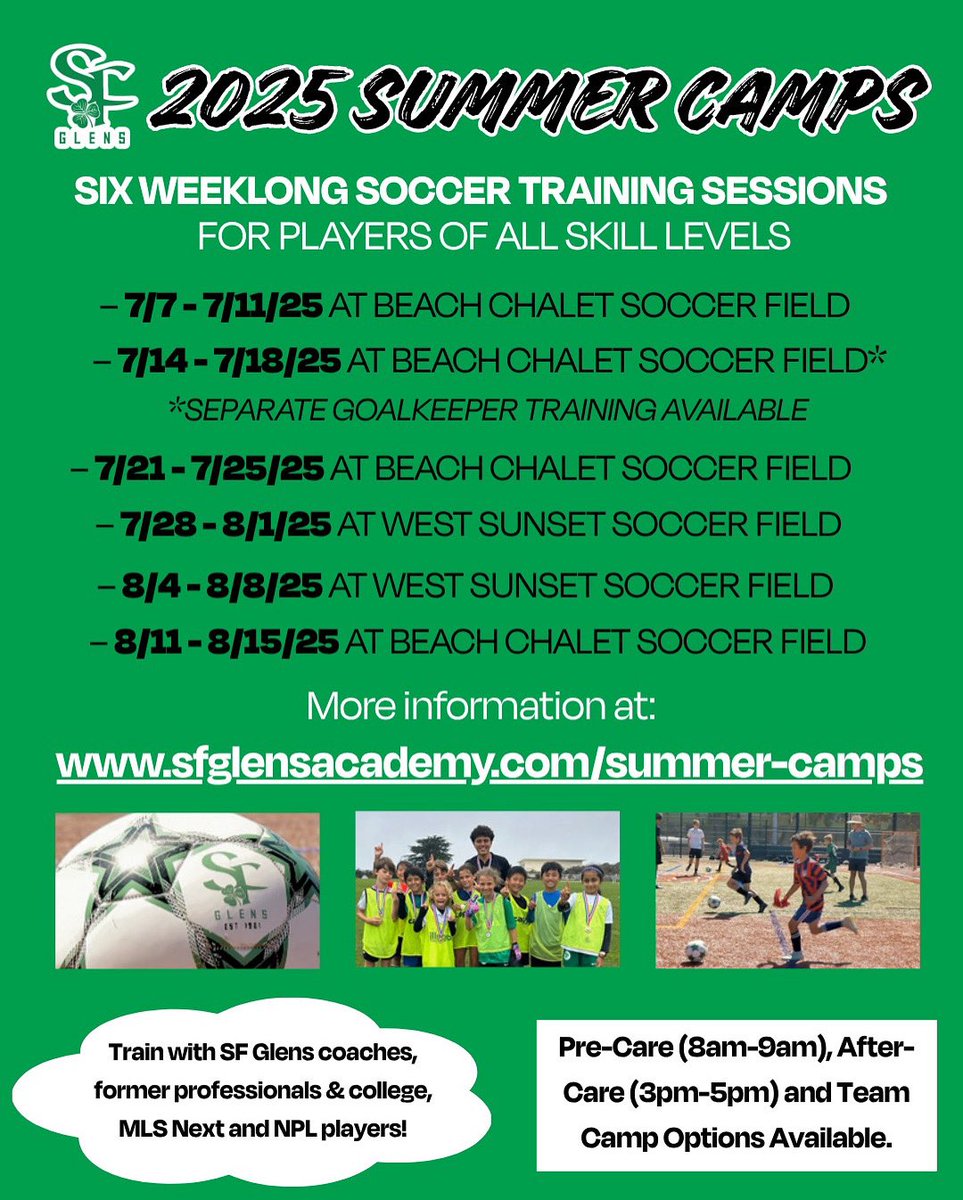 ☀️⚽️ 2025 SF Glens Summer Camps are HERE! 

Train with top coaches, former pros, and elite players all summer long — six weeklong sessions for players of all skill levels!