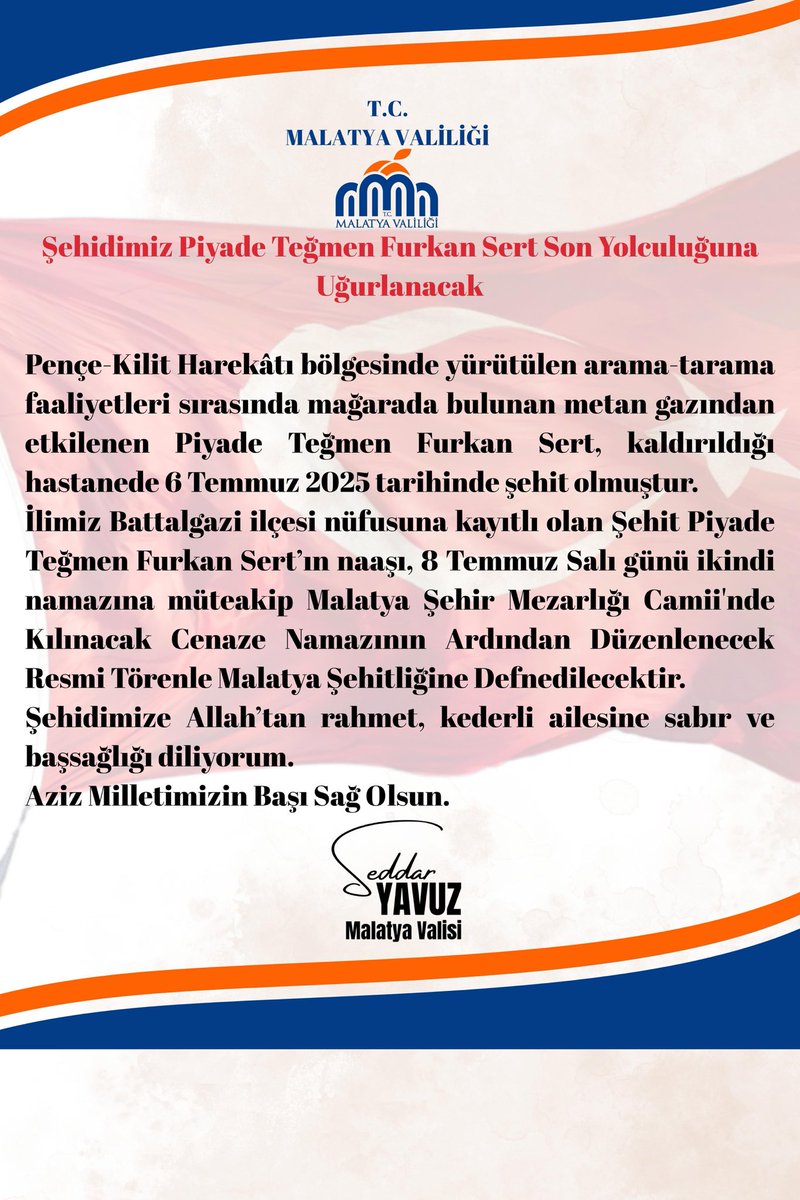 Aziz Şehidimiz Piyade Teğmen Furkan Sert’i Yarın Şehir Mezarlığında Kılınacak Ikindi Namazını Müteakip Malatya Şehitliğinde Ebedi Aleme Uğurlayacağız.

Şehidimize son görevimizi yapmaya bekliyoruz !