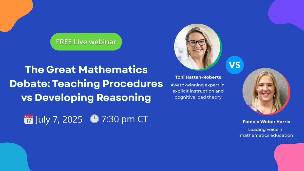 I’m debating Toni Hatten-Roberts on memorization vs. reasoning in math.

You know I’m bringing the fire + clarity for why reasoning must be the goal.

🗓️ July 7, 7:30pm CT
👉 bit.ly/mifmatificdeba…

#MathDebate #MathIsFigureoutable