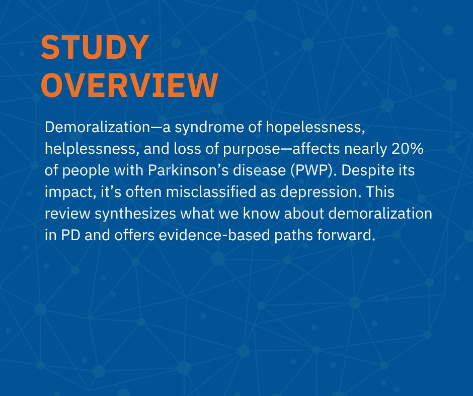 FixelInstitute's tweet image. Dr. Gregory Pontone & team explore demoralization in Parkinson’s: a distinct condition marked by hopelessness & loss of purpose.
Bottom line:
Depression = mood disorder
Demoralization = coping failure & existential distress
🔗 Read more: …mentdisorders.onlinelibrary.wiley.com/doi/full/10.10…