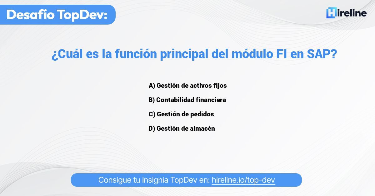 ¡Desafío TOP DEV!
Cada semana te retamos con una Pregunta para poner a prueba tus conocimientos. Esta semana, la temática es SAP. 💻

Demuestra que eres un TOP DEV. ¡Comenta tu respuesta y dinos por qué crees que es la correcta! 🚀

#DesafíoTopDev