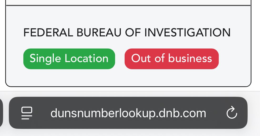 k8_green's tweet photo. Dun & Bradstreet is listing the @FBI as “Out of business.” #BabylonIsFalling
Thank you, @POTUS & all White Hats! https://t.co/H8zcy0N9Io
