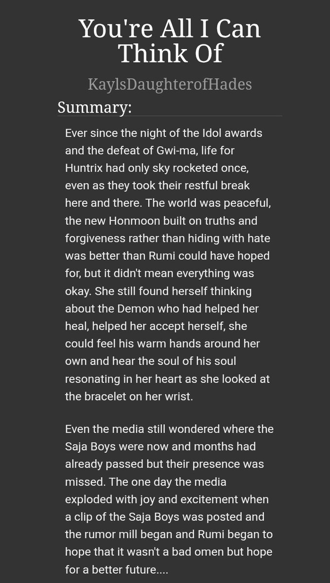 So I started a little thing cause I've been obsessed. The what I'd fix it for those who didn't like the ending or wanted that thing.

Title: You're All I Can Think Of
Link: archiveofourown.org/works/66852133…

#KPOPDEMONHUNTERS #rujinu #Zoestery #miroabby #FixIt #AU #alternativeuniverse