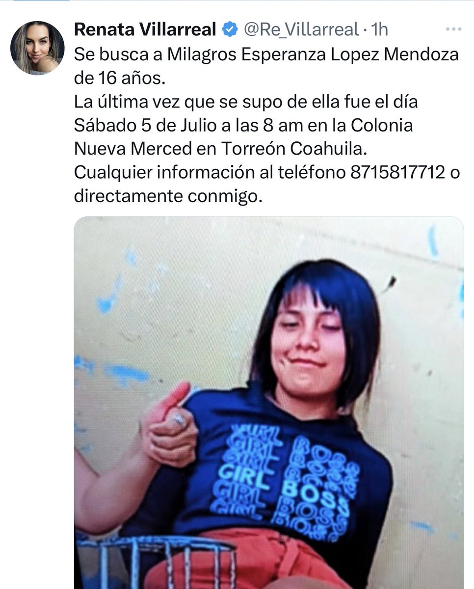 Renata Villarreal (@re_villarreal) on Twitter photo Hola <a href="/pronnif/">PRONNIF COAHUILA</a> <a href="/DIFTorreon_/">DIF Torreón</a> Milagros está desaparecida desde el sábado por la mañana. Es una menor que ha llegado con ustedes en diversas ocasiones por estar en situación de calle y ustedes la devuelven con su familia que claramente no está pudiendo con esta problemática. ¿Porqué Hola <a href="/pronnif/">PRONNIF COAHUILA</a> <a href="/DIFTorreon_/">DIF Torreón</a> Milagros está desaparecida desde el sábado por la mañana. Es una menor que ha llegado con ustedes en diversas ocasiones por estar en situación de calle y ustedes la devuelven con su familia que claramente no está pudiendo con esta problemática. ¿Porqué