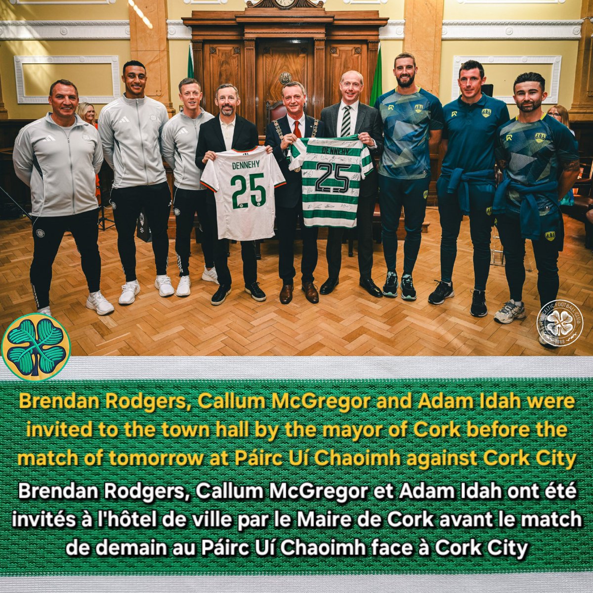 Brendan Rodgers, Callum McGregor and Adam Idah were invited to the town hall by the mayor of #Cork before the match of tomorrow at Páirc Uí Chaoimh against Cork City. 💚🤍🧡 #Celtic #Ireland #CelticFC #Eire #COYBIG #CorkSuperCup #CorkCity 🍀🇮🇪☘️