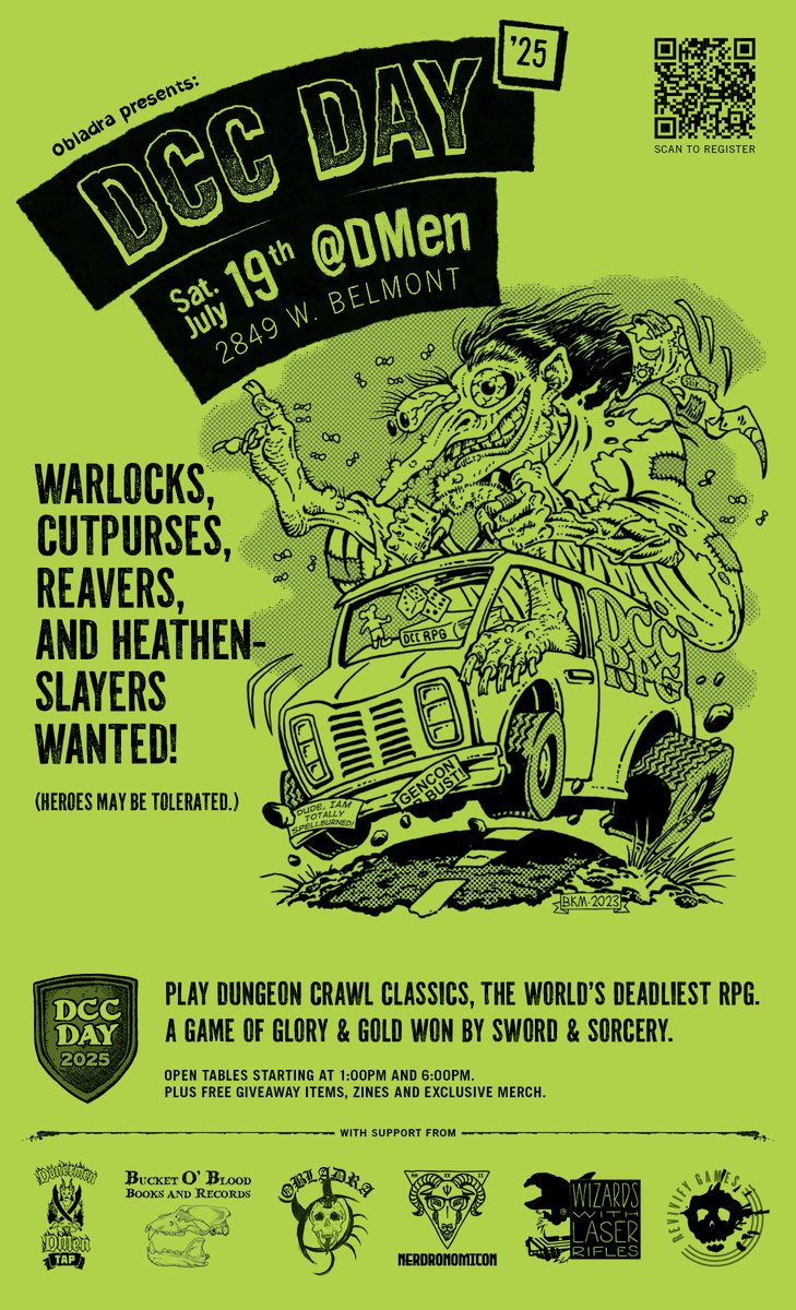 If you are in Chicago (or the burbs) on DCC Day, Saturday, July 19th, and you're looking for games and swag, come to the DMen Tap. We're running games, scoring FREE stuff, and hanging out!

#dcc #dungeoncrawlclassics #osr #ttrpgs <a href="/GoodmanGames/">Goodman Games</a> <a href="/DMenTap/">DMen Tap</a>