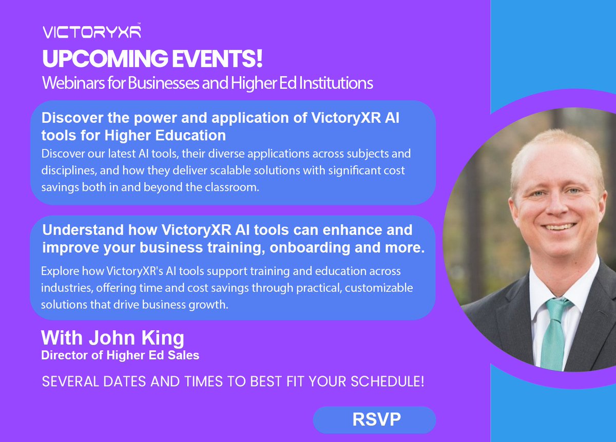 AI Webinars from VictoryXR!

Higher Ed Leaders &amp; Faculty:
Explore scalable AI tools to enhance teaching and cut costs.
Business Leaders &amp; Trainers:
Boost training &amp; onboarding with powerful, easy-to-implement AI solutions.

📅 Sessions run July–Oct
tinyurl.com/4d56cwjv