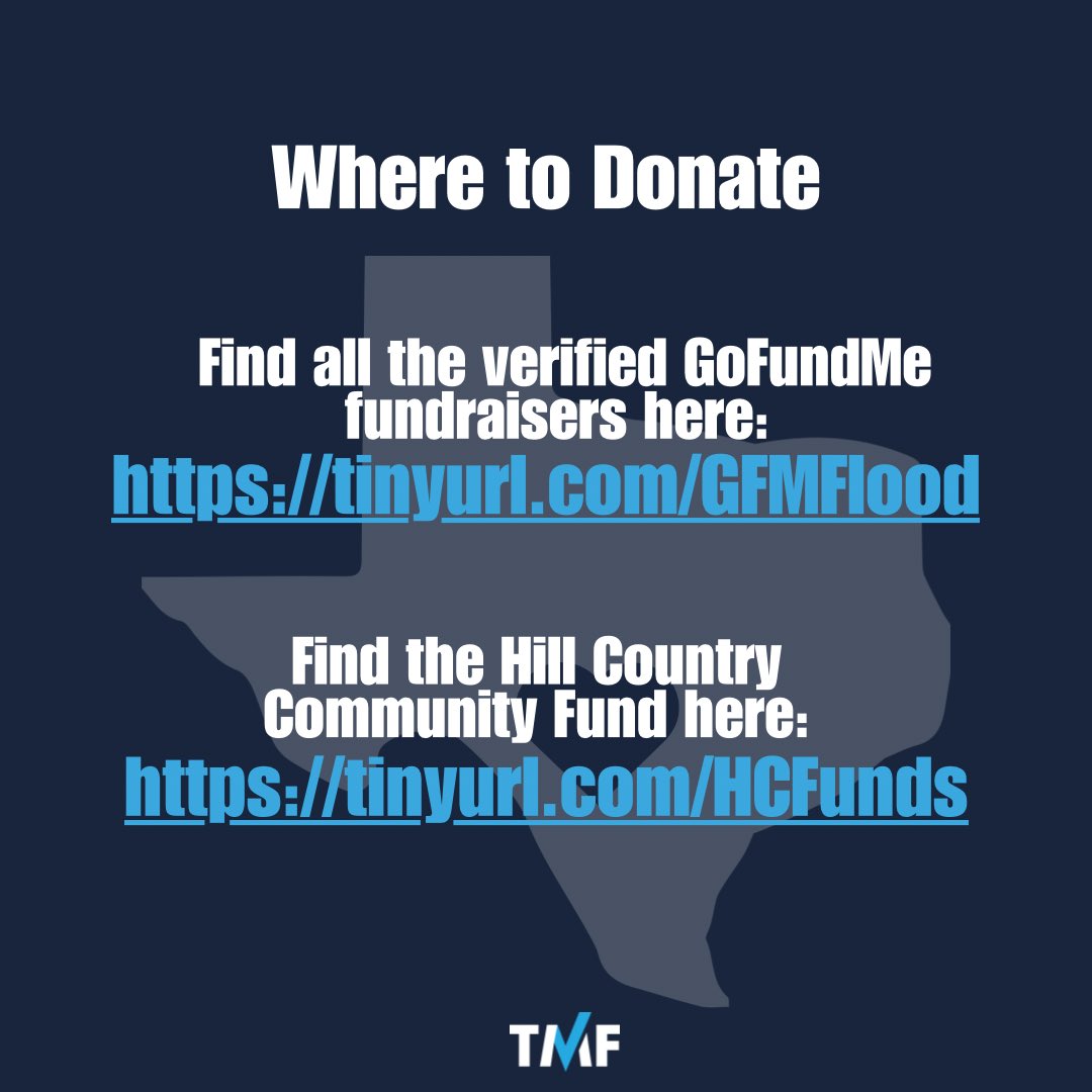 TMFtx's tweet image. My heart is aching for the communities wrecked by these devastating floods. I am so grateful for the first responders working tirelessly to rescue and reunite families. If you are able to, I encourage you to donate to relief efforts, linked here: tinyurl.com/GFMFlood &…