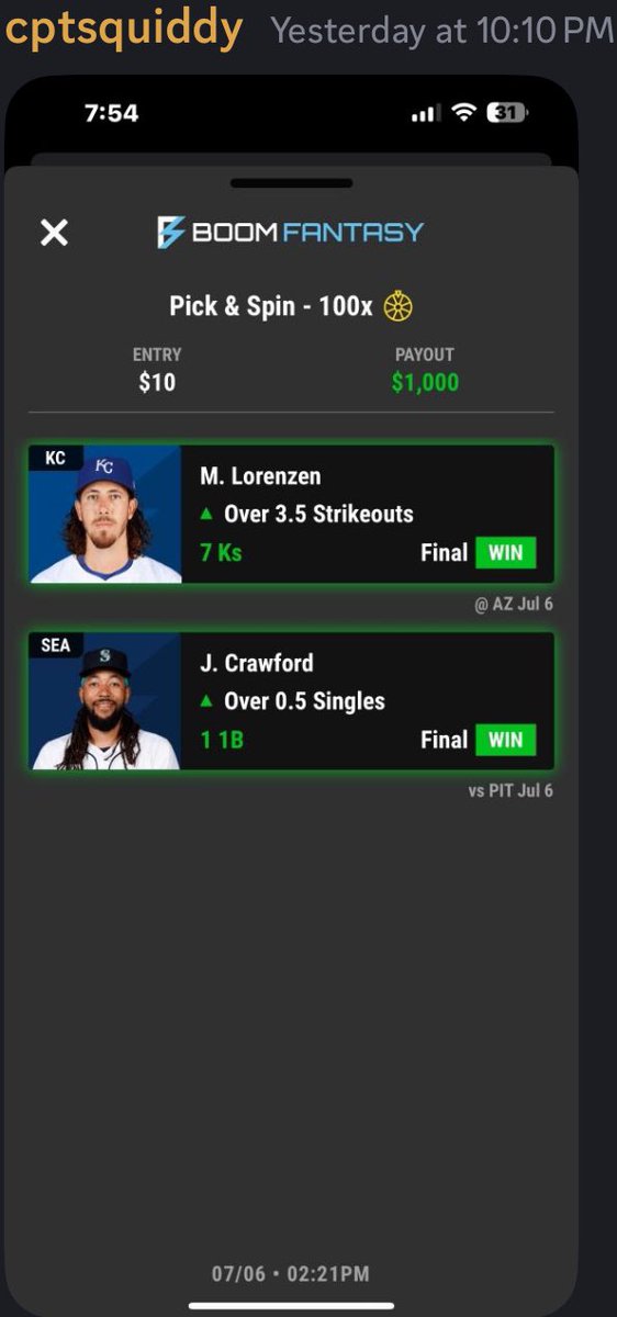 BoomFantasy's tweet image. Discord hit a 100x last night
Back today with a 10x
What a heater 🔥 Only at Boom