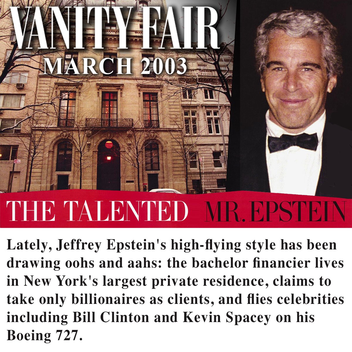 It's interesting how this Vanity Fair article really pumped up Epstein as a FINANCIAL WIZARD who only works for BILLIONAIRES.

This is why there are so many photos of him with rich and famous people.

"The Talented Mr. Epstein"
Vanity Fair - March 2003

vanityfair.com/news/2003/03/j…