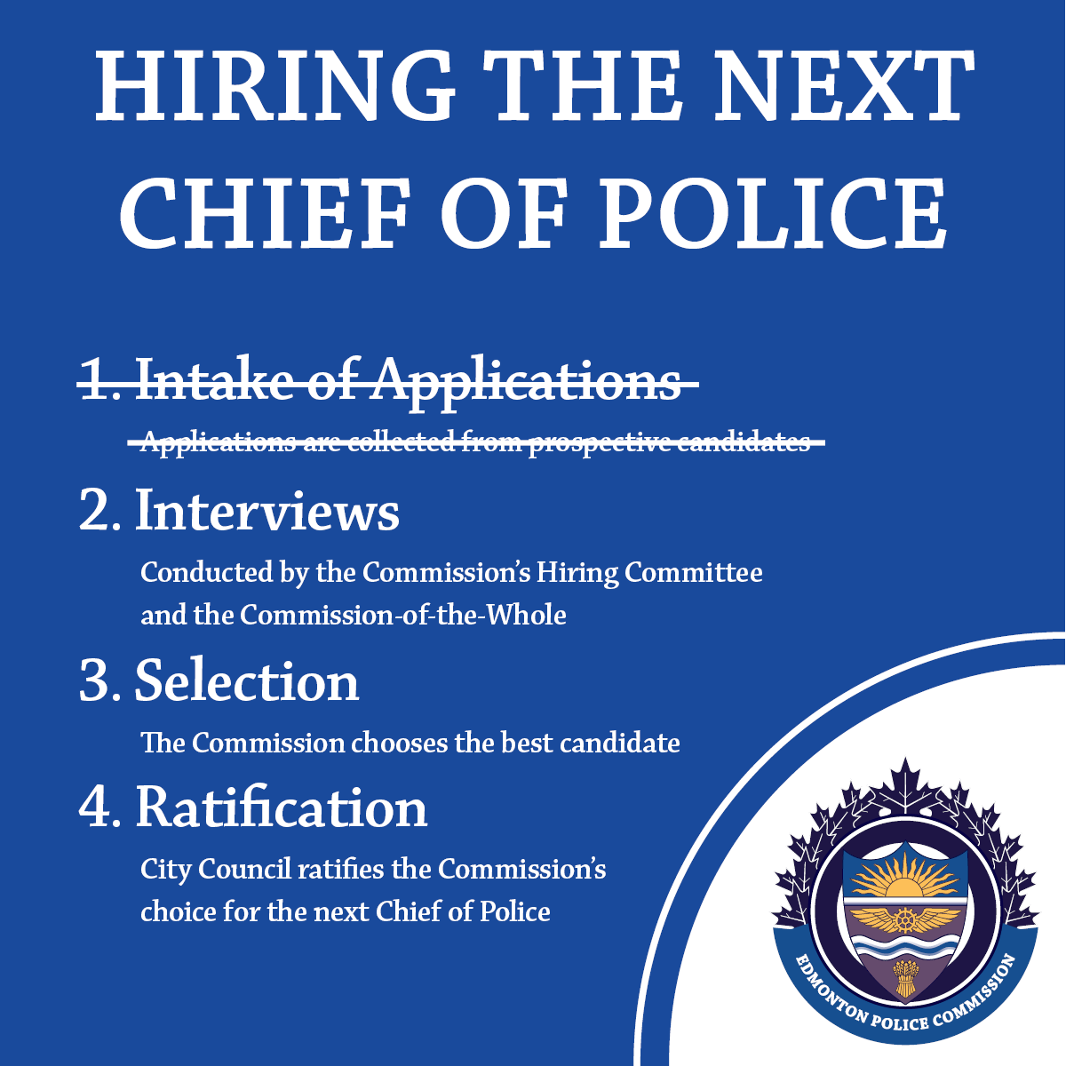 YEG_PoliceCommission (@yeg_commission) on Twitter photo Now that the application process for the next Chief of the <a href="/edmontonpolice/">Edmonton Police</a> has closed the Commission is assessing candidates and finalizing the interview list. Now that the application process for the next Chief of the <a href="/edmontonpolice/">Edmonton Police</a> has closed the Commission is assessing candidates and finalizing the interview list.