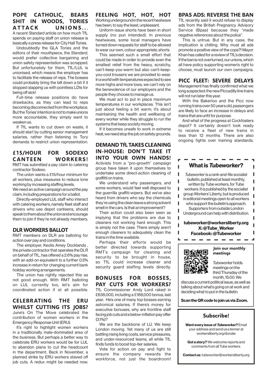 The latest edition of our bulletin is now online. We argue for a yes vote in ongoing industrial action ballots, plus discussion of why our unions must fight for trans rights.

Download the PDF here: workersliberty.org/story/2025-07-…

<a href="/RMTLondon/">🆁🅼🆃 London Calling ✊ 𝙟𝙤𝙞𝙣 𝙍𝙈𝙏 ✊</a> <a href="/bakerloormt/">RMT Bakerloo branch</a>
