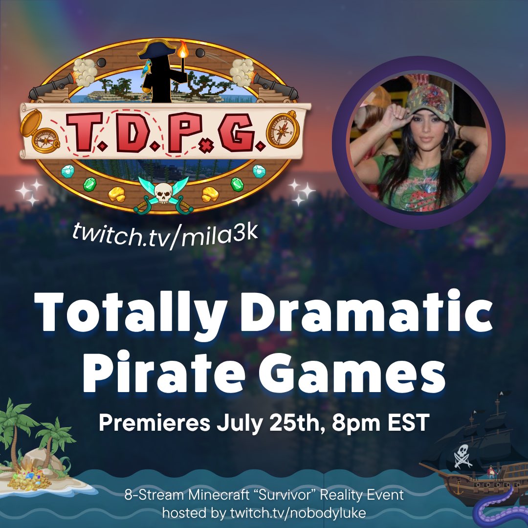MinecraftTDSG's tweet photo. No stranger to playing characters, the pirate’s life is just another one to play! 🏴‍☠️ @mila3k_ joins the Totally Dramatic Pirate Games, premiering Friday, July 25th at 8pm ET.  

Stream at https://t.co/75eTqwZEZl https://t.co/rue7zH5b1o