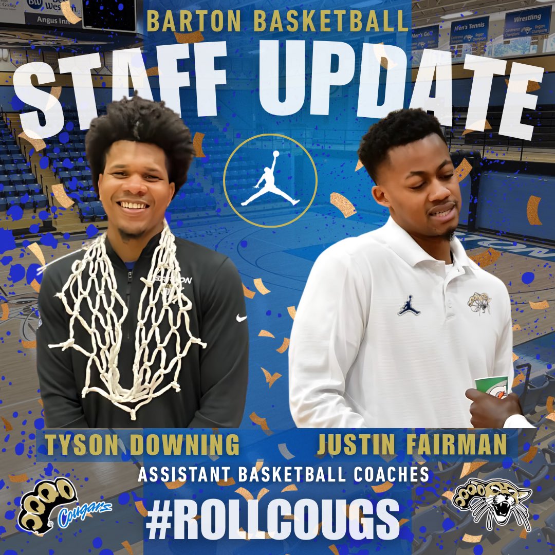 BartonHoops's tweet image. Coombs finalizes staff by elevating volunteer assistant Tyson Downing to a formal role and adding veteran coach/trainer Justin Fairman. Both played & coached under Coombs as their familiarity with his system will help continue Barton's championship-winning culture.