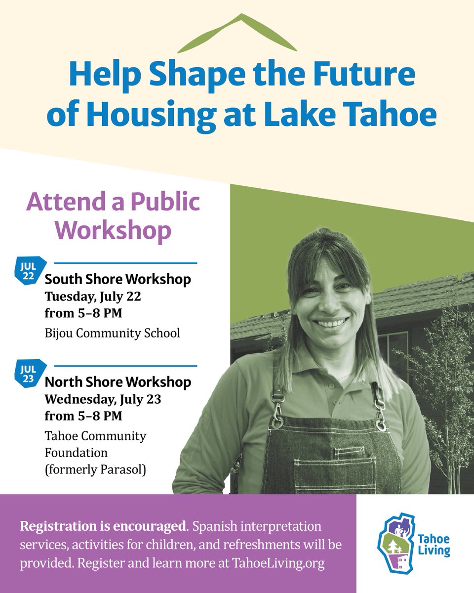 TahoeAgency's tweet image. The future of housing in Lake Tahoe is taking shape. Join our public workshops on July 22 and 23 to help find solutions for housing that meets the needs of our communities.
Event details and registration: tahoeliving.org
#TRPA #LakeTahoe