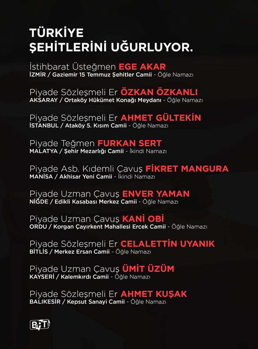 Türkiye bugün şehitlerini uğurluyor. 🇹🇷