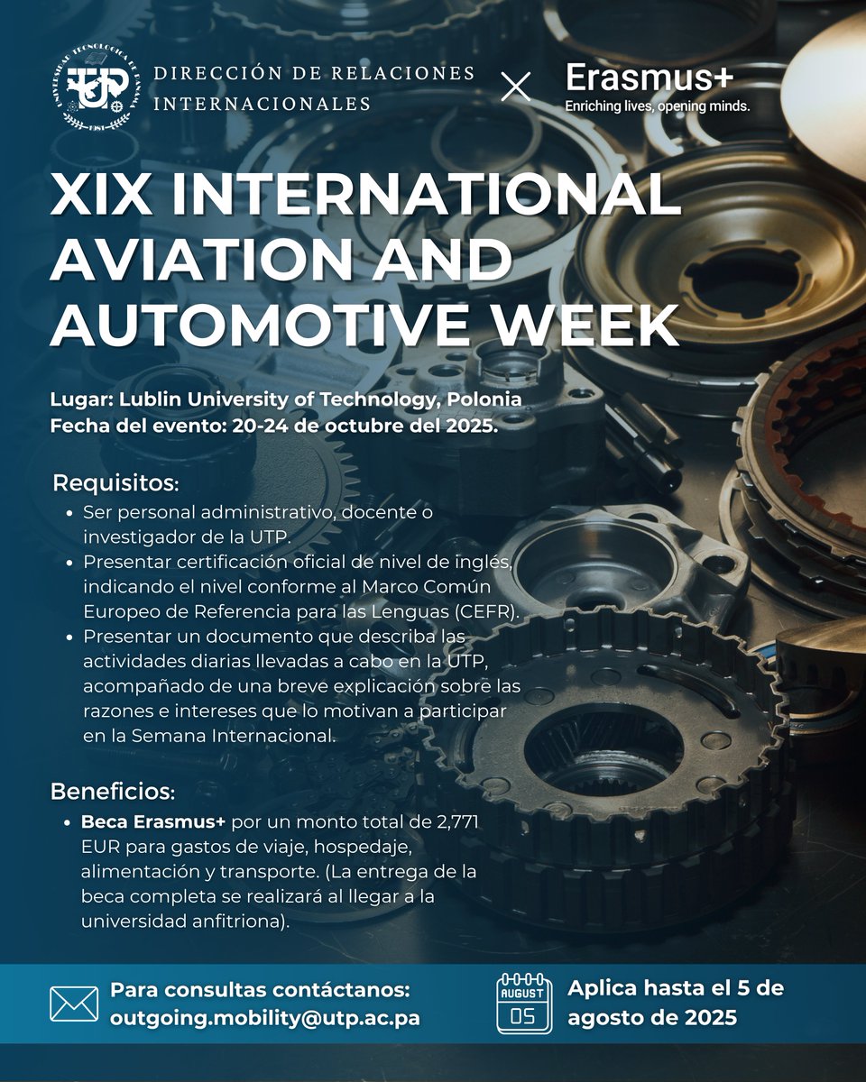 Dirección de Relaciones Internacionales (@dri_utp) on Twitter photo ✈️¿Eres admin. docente o investigador y trabajas en áreas de aviación y automotriz en la <a href="/utppanama/">UTP Panamá</a>?🚗
¡Esta oportunidad internacional es para ti! 🌍
📍Lublin, Polonia🇵🇱
✅Beca Erasmus+ para gastos de viaje, hospedaje, alimentación y transporte.
🔗utp.ac.pa/convocatoria-d… ✈️¿Eres admin. docente o investigador y trabajas en áreas de aviación y automotriz en la <a href="/utppanama/">UTP Panamá</a>?🚗
¡Esta oportunidad internacional es para ti! 🌍
📍Lublin, Polonia🇵🇱
✅Beca Erasmus+ para gastos de viaje, hospedaje, alimentación y transporte.
🔗utp.ac.pa/convocatoria-d…
