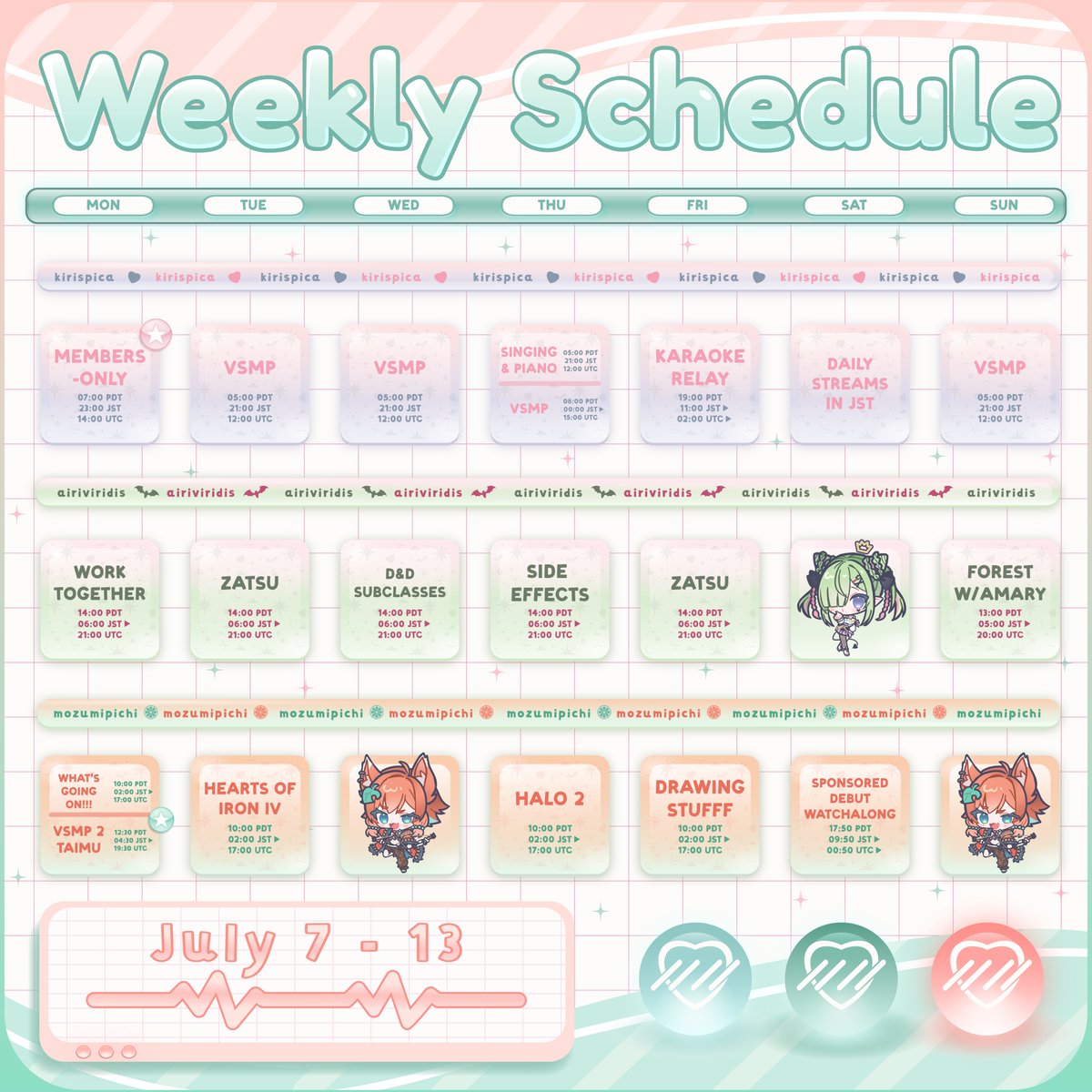 VirtualDere's tweet image. ใ๐Weekly Schedule July 7 โ 13๐ใ
Another Summer week- and it's as HOT as ever!
The VSMP 2 wave is STRONG in V-Dere this week!
Airi is diving into D&D Subclasses this Wednesday,
Tomoe is galloping on with more Umamusume on Thursday,
and capping us off is Mozzu and Alpha withโฆ