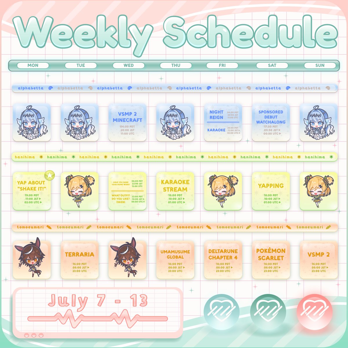 VirtualDere's tweet image. ใ๐Weekly Schedule July 7 โ 13๐ใ
Another Summer week- and it's as HOT as ever!
The VSMP 2 wave is STRONG in V-Dere this week!
Airi is diving into D&D Subclasses this Wednesday,
Tomoe is galloping on with more Umamusume on Thursday,
and capping us off is Mozzu and Alpha withโฆ