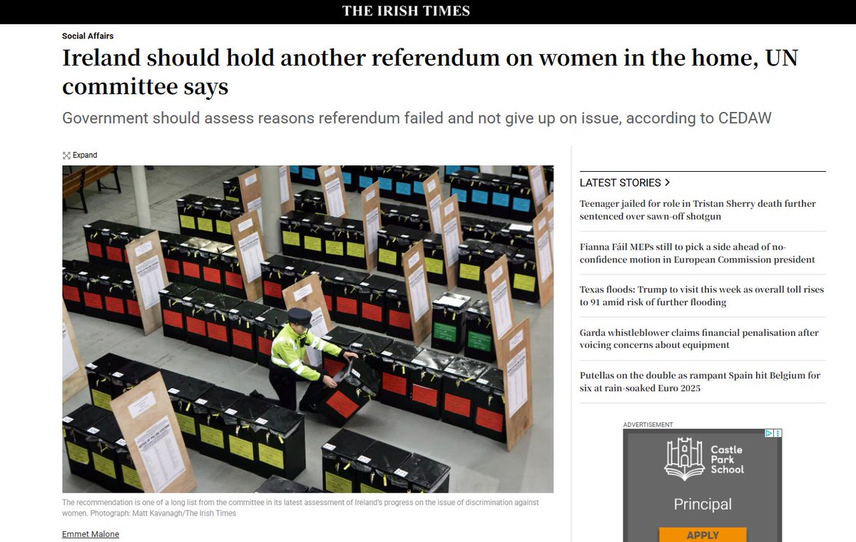 The Countess (@thecountessie) on Twitter photo “Ireland should hold another referendum on women in the home, UN committee says”
Government should assess reasons referendum failed and not give up on issue, according to CEDAW <a href="/UNGeneva/">United Nations Geneva</a> <a href="/UNSRVAW/">Reem Alsalem UNSR Violence Against Women and Girls</a> <a href="/UN/">United Nations</a>
We campaigned against the two amendments.
Reason:
Article 41.2 recognises the “Ireland should hold another referendum on women in the home, UN committee says”
Government should assess reasons referendum failed and not give up on issue, according to CEDAW <a href="/UNGeneva/">United Nations Geneva</a> <a href="/UNSRVAW/">Reem Alsalem UNSR Violence Against Women and Girls</a> <a href="/UN/">United Nations</a>
We campaigned against the two amendments.
Reason:
Article 41.2 recognises the