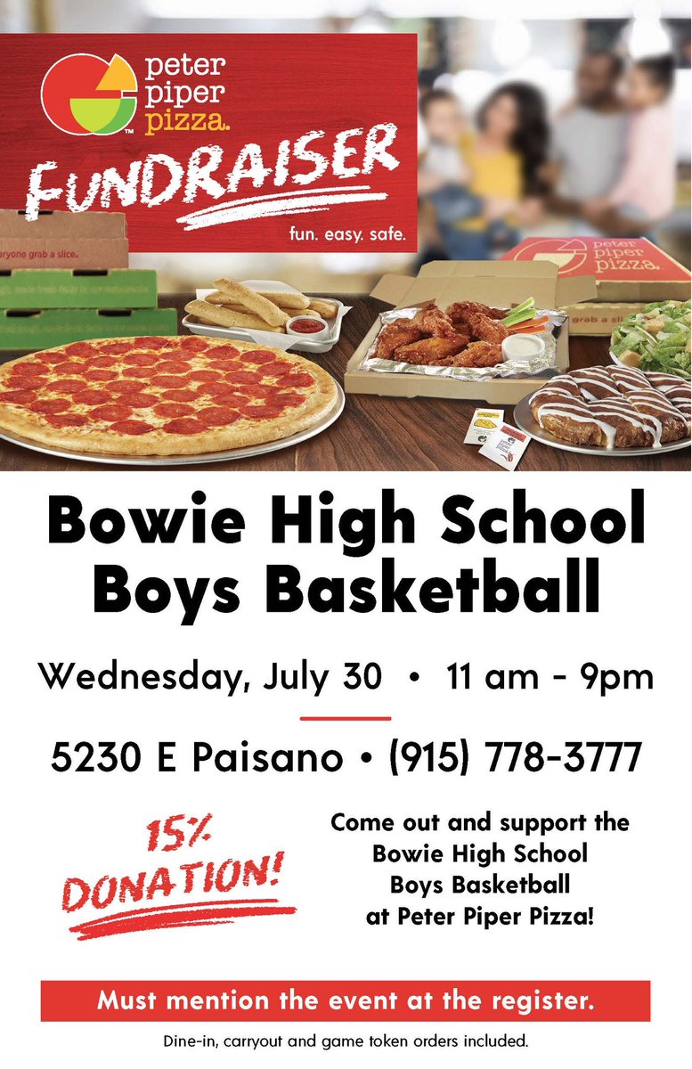 Arturo Escobar III (@coach_aescobar) on Twitter photo Bowie HS Boys Basketball ā Wednesday, July 30th
šĀ Peter Piper Pizza 5230 E. Paisano
Ā
ā¢This is an ALL-DAY event from 11 a.m. ā 9 p.m.Ā
ā¢Supporters please mention Bowie HS Boys Basketball.
#OsoPride <a href="/Bowie_BearBB/">Bowie Basketball</a> <a href="/CMo79901/">Cesar MontaƱez</a> Bowie HS Boys Basketball ā Wednesday, July 30th
šĀ Peter Piper Pizza 5230 E. Paisano
Ā
ā¢This is an ALL-DAY event from 11 a.m. ā 9 p.m.Ā
ā¢Supporters please mention Bowie HS Boys Basketball.
#OsoPride <a href="/Bowie_BearBB/">Bowie Basketball</a> <a href="/CMo79901/">Cesar MontaƱez</a>