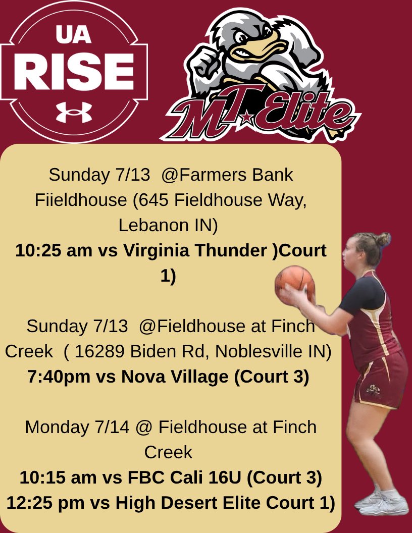 I’m excited to compete at the <a href="/TFNsRun4Roses/">TFN's Run 4 Roses</a> this week and then head to Indiana for the Session 2 of <a href="/UARiseGirls/">UA Rise Girls I Basketball</a> !! Here is my schedule for both tournaments <a href="/mdell74/">Matt DellaBarba</a> <a href="/MTEliteDucks/">MT Elite Ducks</a> <a href="/AllieScarpa/">Allie</a>