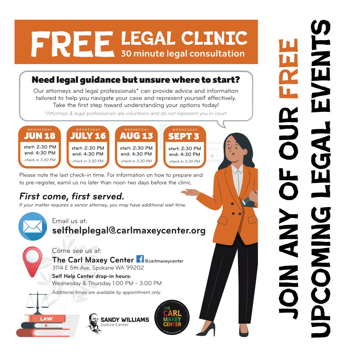 carlmaxeycenter's tweet photo. 📣 Need legal help? We’ve got you covered.

Join us for our free Legal Clinic on Tuesday, July 16th from 2:30–4:30 PM at the Carl Maxey Center in Spokane, WA. 

Get access to legal resources, advice, and support from trusted professionals. https://t.co/aGuE9H1oxu