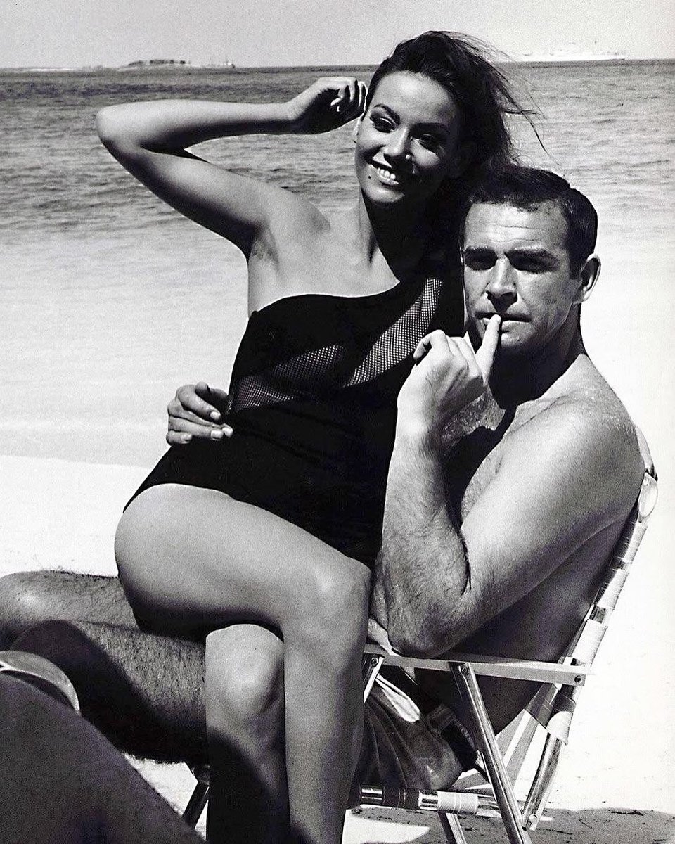 QUEENP0P's tweet image. Sean Connery and Claudine Auger on the set of Thunderball (1965)