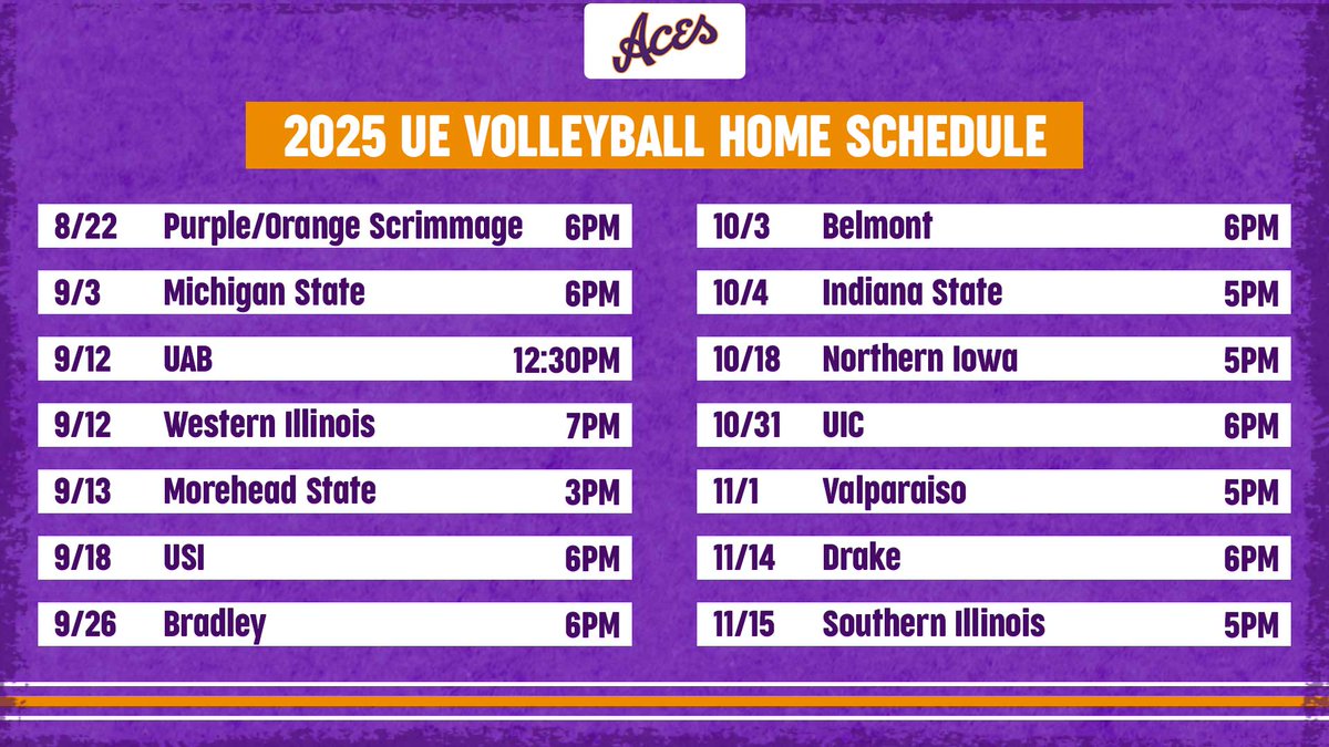 The 2025 schedule has been released for the UE volleyball team.  Evansville will play 13 home matches including Michigan State in the home opener on Sept. 3.

📰 bit.ly/40yV9eg
🏐 #ForTheAces