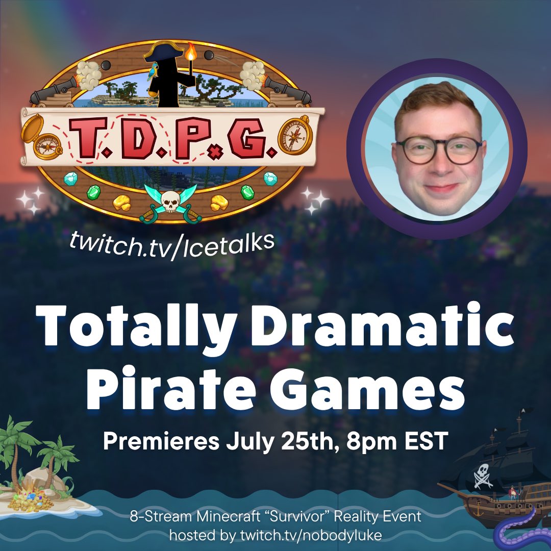 MinecraftTDSG's tweet photo. Your zesty bestie is on the high seas! 🏴‍☠️ @itsicetalks joins the Totally Dramatic Pirate Games, premiering Friday, July 25th at 8pm ET.  

Stream at https://t.co/ZhXs7g7Ahf https://t.co/g96ZPtfMy5