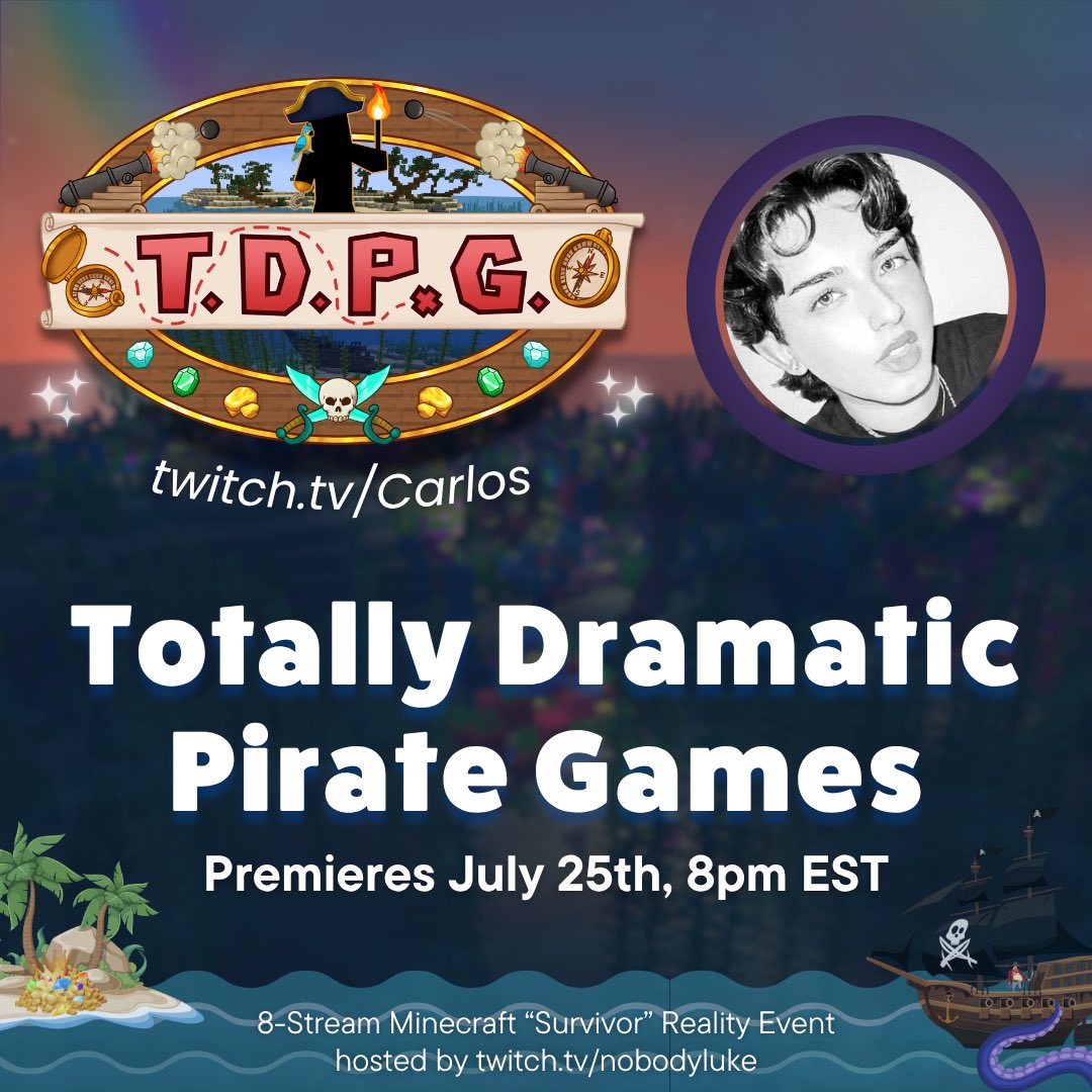 MinecraftTDSG's tweet photo. Sing us a shanty! 🏴‍☠️ @ctrlcarloss joins the Totally Dramatic Pirate Games, premiering Friday, July 25th at 8pm ET.  

Stream at https://t.co/iqi1r4cMlz https://t.co/0nPXJjjnur