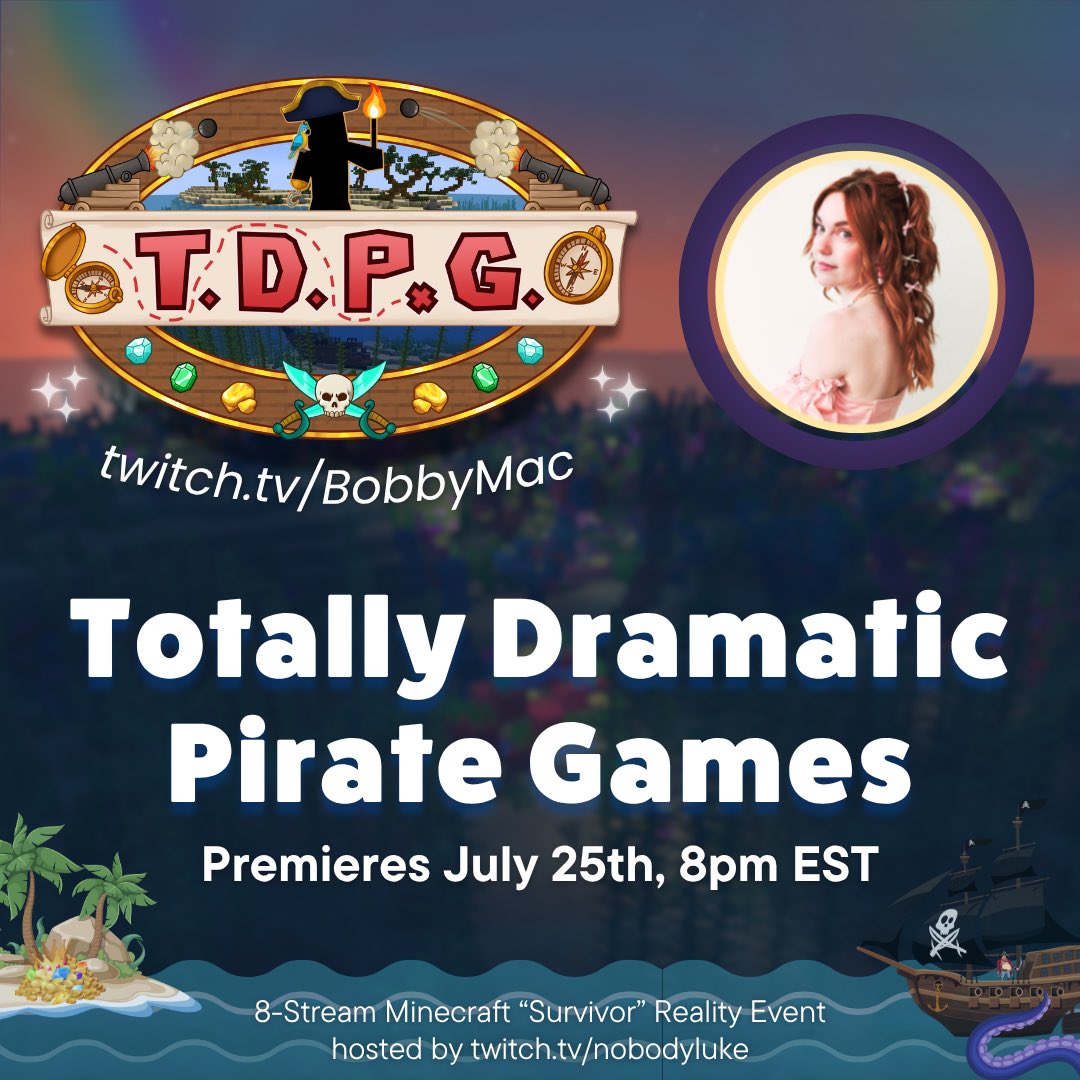 MinecraftTDSG's tweet photo. Girlypop to Pirate! 🏴‍☠️ @whoisbobbymac joins the Totally Dramatic Pirate Games, premiering Friday, July 25th at 8pm ET.  

Stream at https://t.co/e58D6xJbT7 https://t.co/uyI5cKvCtE