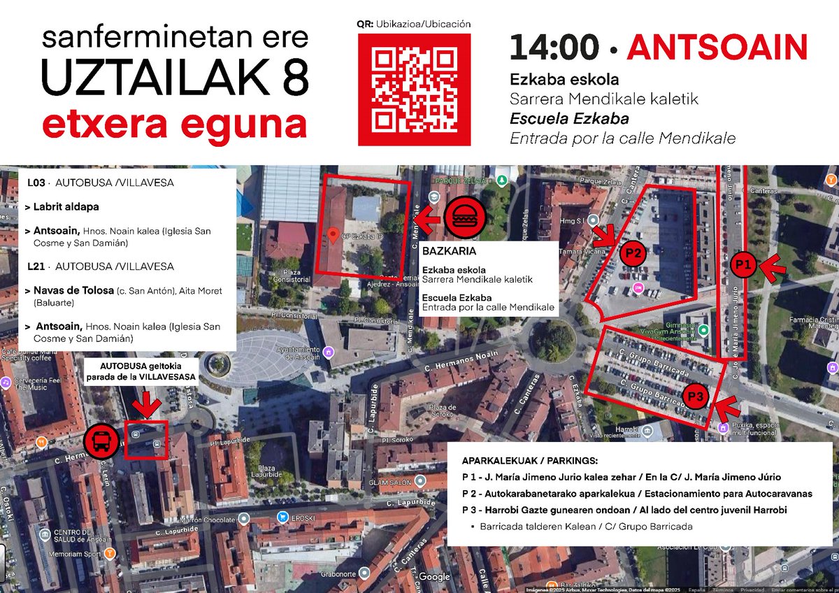 🎉 UZTAILAK 8 ETXERA EGUNA

📍ANTSOAIN
🕑 14:00
📌 Ezkaba eskola » labur.eus/Ezkaba_IP

🚍 Iruñetik Villavesa L03

🚍Iruñetik Villavesa  L21

Eta gertu aparkatzeko tokia izango da