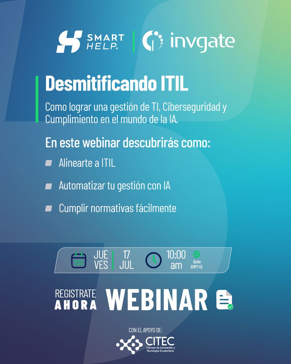 CITECec's tweet image. 🚀 ¿Tu operación IT está lista para el futuro?
En #CITEC, junto a nuestro socio #SmartHelp, te mostramos cómo alinear tu gestión a ITIL, automatizar con IA y cumplir normativas con #InvGate.
🎯 ¡Transforma tu gestión IT!
📝 Regístrate ya: smarthelpit.mailrelay-iv.es/l/inscribete-a…