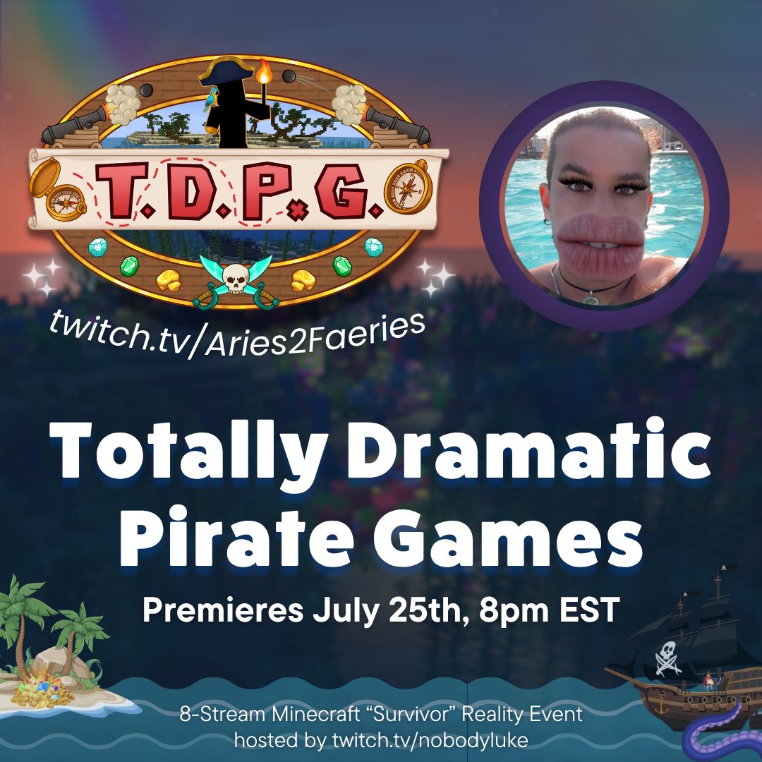 MinecraftTDSG's tweet photo. Pirates don’t give charity, but they do! 🏴‍☠️ @FaeTtv joins the Totally Dramatic Pirate Games, premiering Friday, July 25th at 8pm ET.  

Stream at https://t.co/ldh2sVKDaP https://t.co/BZaqXnHoDz