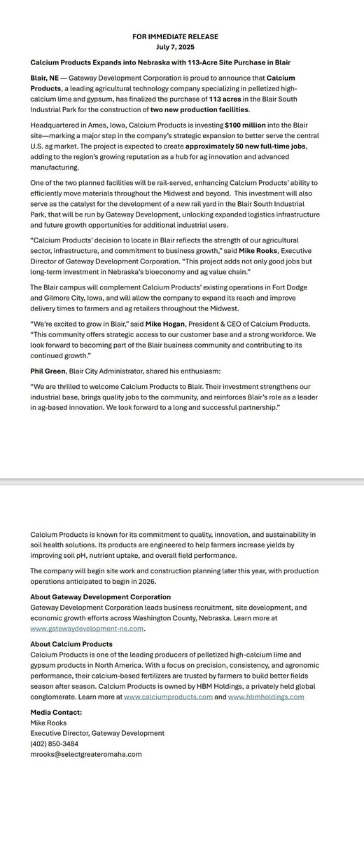 Nebraska Department of Economic Development (@developnebraska) on Twitter photo Congrats to <a href="/CityofBlair/">City of Blair, NE</a> on attracting a $100M investment from <a href="/CalciumProducts/">Calcium Products</a>! The ag tech company will build two facilities to make fertilizer, bringing great career opportunities to the community. Tremendous work by Gateway Development Corporation, Blair and partners! Congrats to <a href="/CityofBlair/">City of Blair, NE</a> on attracting a $100M investment from <a href="/CalciumProducts/">Calcium Products</a>! The ag tech company will build two facilities to make fertilizer, bringing great career opportunities to the community. Tremendous work by Gateway Development Corporation, Blair and partners!