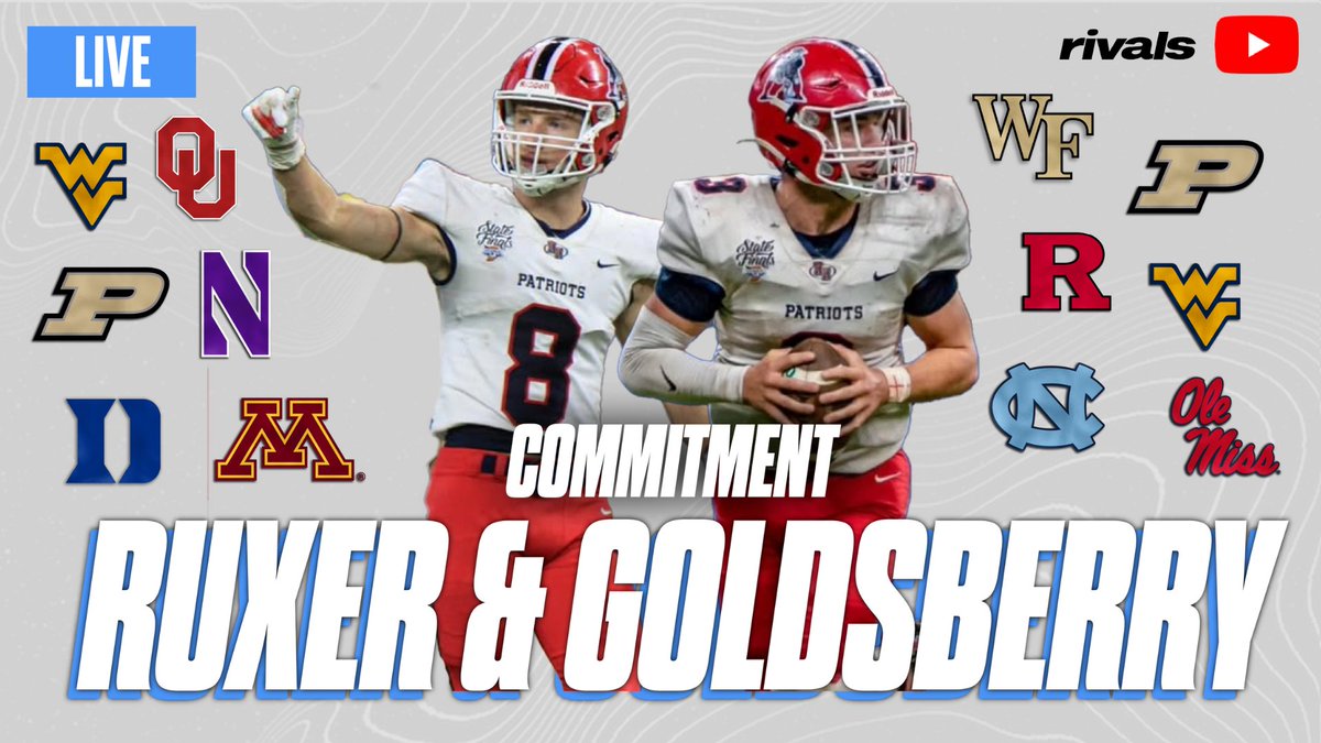 LIVE COMMITMENTS: 4-star TE Tyler Ruxer and 4-star ATH Jett Goldsberry are about to announce their decisions on the Rivals YouTube Channel‼️

Where will they go?🤔

WATCH: youtube.com/watch?v=uC-O3R…