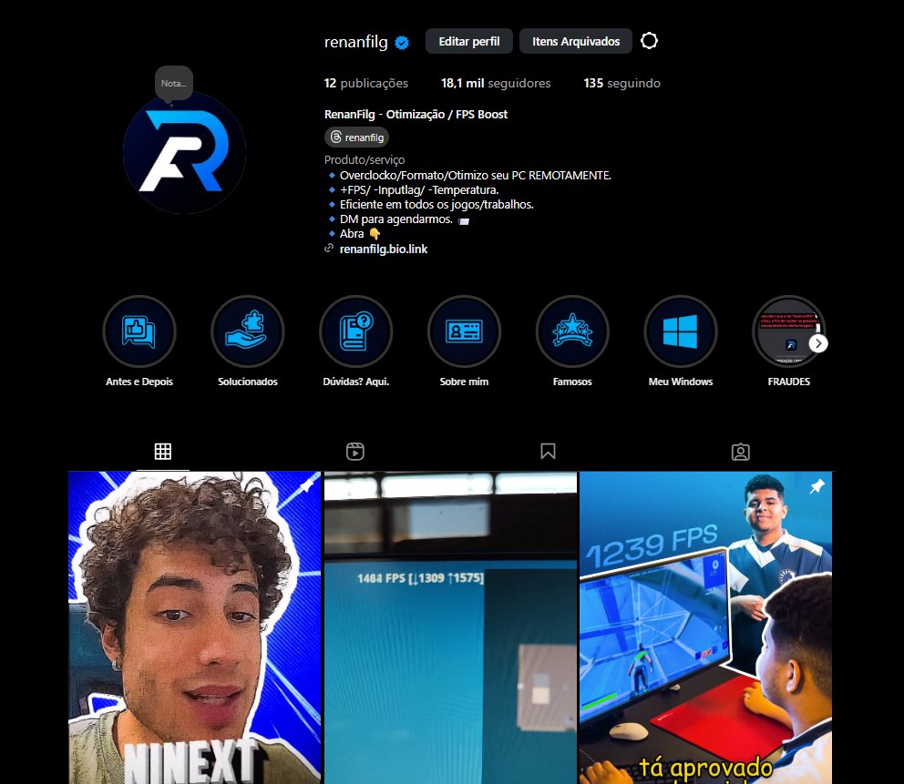 ⚠ Leia até o final se você é do mundo dos jogos!

Me chamo Renan Filgueiras. Há 6 meses atrás, o robô do X (Twitter) suspendeu por engano meu antigo perfil.

Trabalho há mais de 5 anos com otimização de PCs competitivos, visando aumentar seu FPS, reduzir seu InputLag e