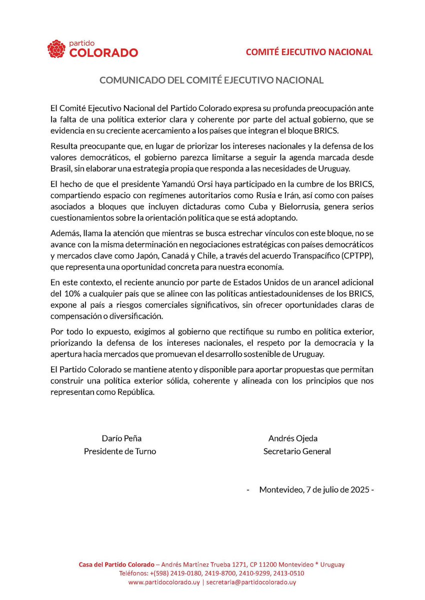 PartidoColorado's tweet image. 📌 El Comité Ejecutivo Nacional del Partido Colorado se pronuncia ante el rumbo de la política exterior.

Nos preocupa el acercamiento del presidente Orsi al bloque BRICS y la falta de una estrategia propia alineada con los intereses nacionales.

🔎 Deslizá para leer el…