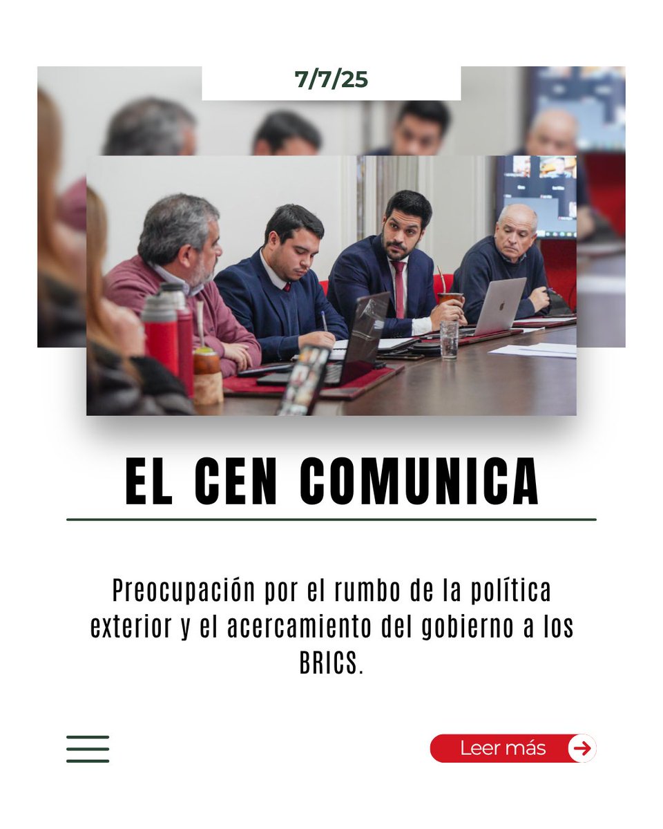 PartidoColorado's tweet image. 📌 El Comité Ejecutivo Nacional del Partido Colorado se pronuncia ante el rumbo de la política exterior.

Nos preocupa el acercamiento del presidente Orsi al bloque BRICS y la falta de una estrategia propia alineada con los intereses nacionales.

🔎 Deslizá para leer el…