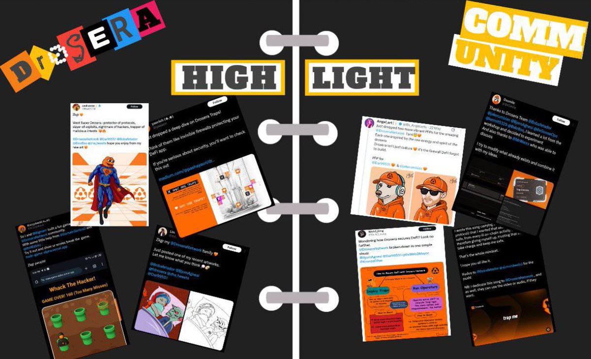 Presenting <a href="/DroseraNetwork/">Drosera</a> Community Highlights:

To showcase top notch content from based Droseran, featuring <a href="/s5roriginal/">MR SOUTH</a> ‘s song, to <a href="/Ped2550/">pediverse⚡️</a> “The Droman” Art.

This is the first and definitely not the last, links to original post below 👇  check them out.