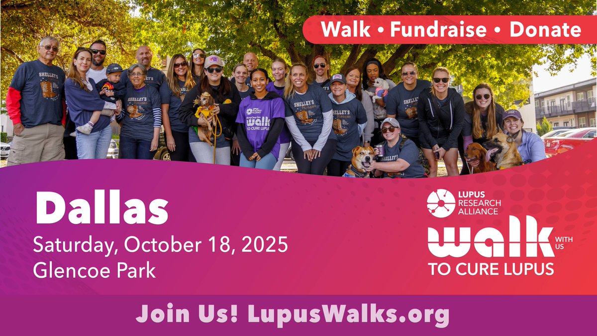 🌟 Dallas, let’s do this! 🌟

Join us for the Lupus Research Alliance Walk with Us to Cure Lupus event on October 18 at Glencoe Park! 
Be part of a powerful community walking to accelerate lupus research, fund breakthroughs, and bring us closer to personalized treatments, and one