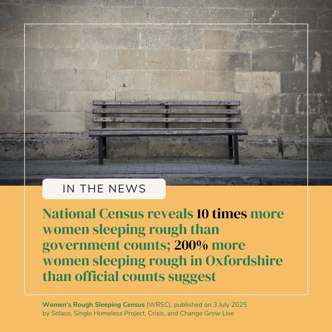 📣 News today: 2024 Women’s Rough Sleeping Census Report has revealed that there could be 10 x more women sleeping rough in England than official counts suggest. It also identified 200% more women sleeping rough in Oxfordshire compared to the annual rough sleeping snapshot.