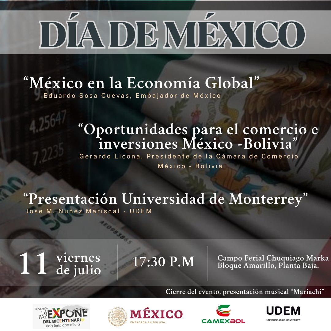 Con la presentación “Día de México”, la <a href="/EmbaMexBol/">México en Bolivia</a>
y la <a href="/Camexbol1/">Camexbol</a> en coordinación con la Federación de Empresarios Privados de La Paz participaran en la #FeriaLaPazExpone 2025 del Bicentenario, promoviendo el diálogo sobre comercio, economía y oportunidades bilaterales. 🇲🇽📷 🇧🇴