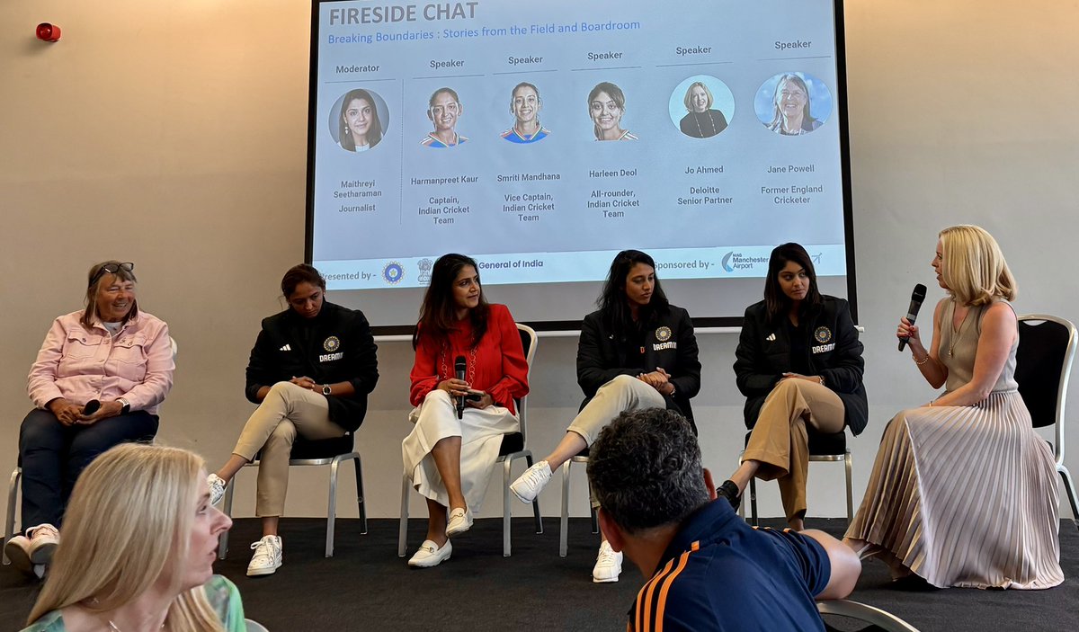 joanneeahmed's tweet image. A fantastic evening celebrating the living bridge between Manchester & India by taking part in a fireside chat with the Women’s Indian cricket team @EmiratesOT - such inspiring women leading the way for gender equality in sport. Huge thanks to @CGIManchester for this evening 🏏