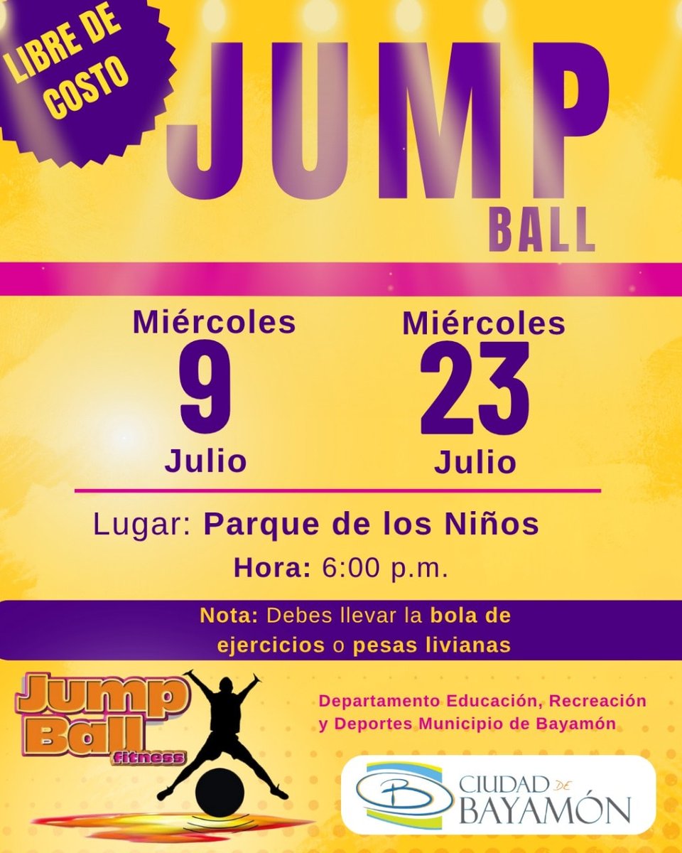 ciudadebayamon's tweet photo. Únete a nuestra sesión de ejercicio y movimiento:
📅 Hoy 9 y 23 de julio
📍 Parque de los Niños
⏰ 6:00 pm
No olvides traer tu bola de ejercicios o pesas livianas y prepárate para una rutina dinámica.
¡Todo libre de costo! Solo trae tu energía y ganas de moverte.
#JumpBall #EjercicioParaTodos #SaludEnMovimiento